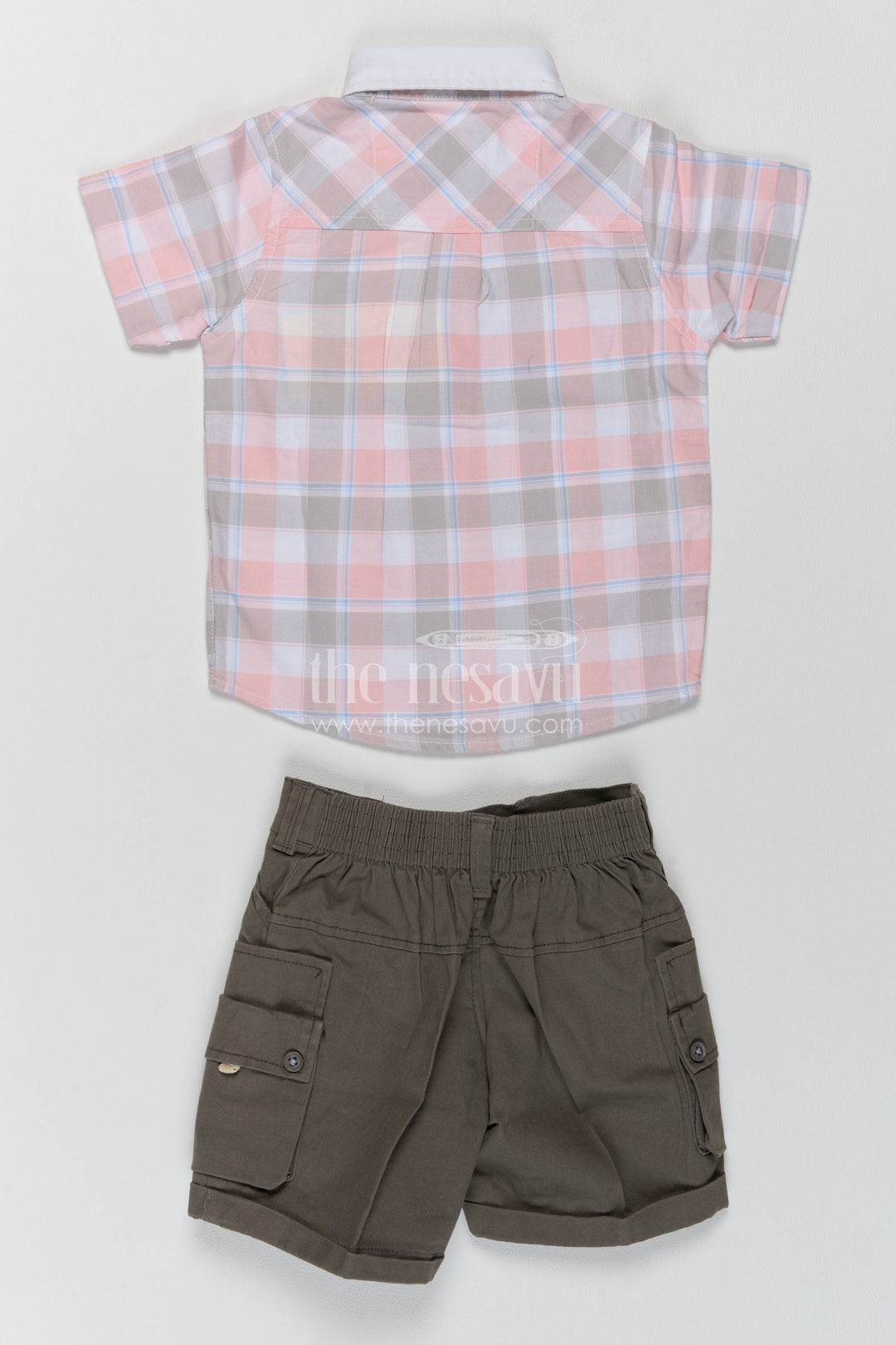Boys Cotton Shirt and Shorts Set with Pink Plaid Detailing for Celebrations