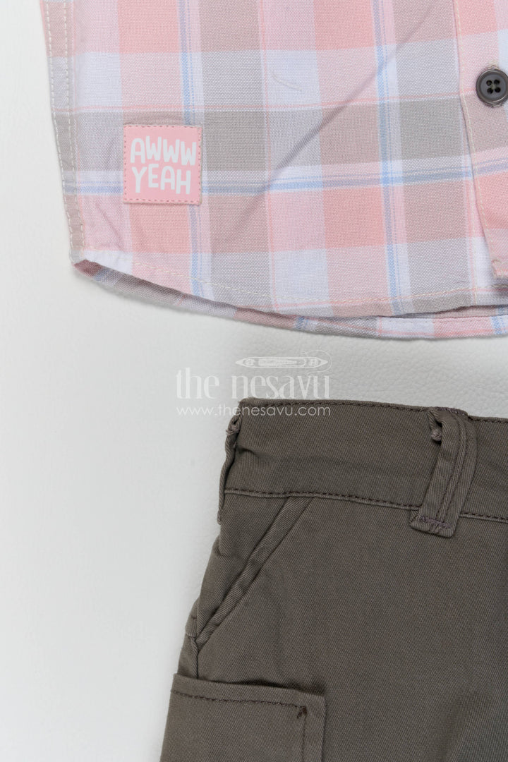 Boys Cotton Shirt and Shorts Set with Pink Plaid Detailing for Celebrations
