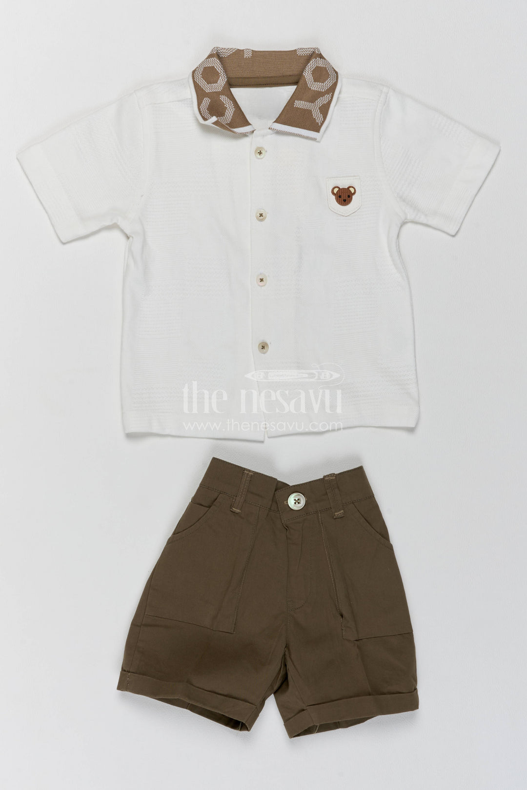 Boys Cotton Shirt and Shorts Set with Designer Detailing in Brown