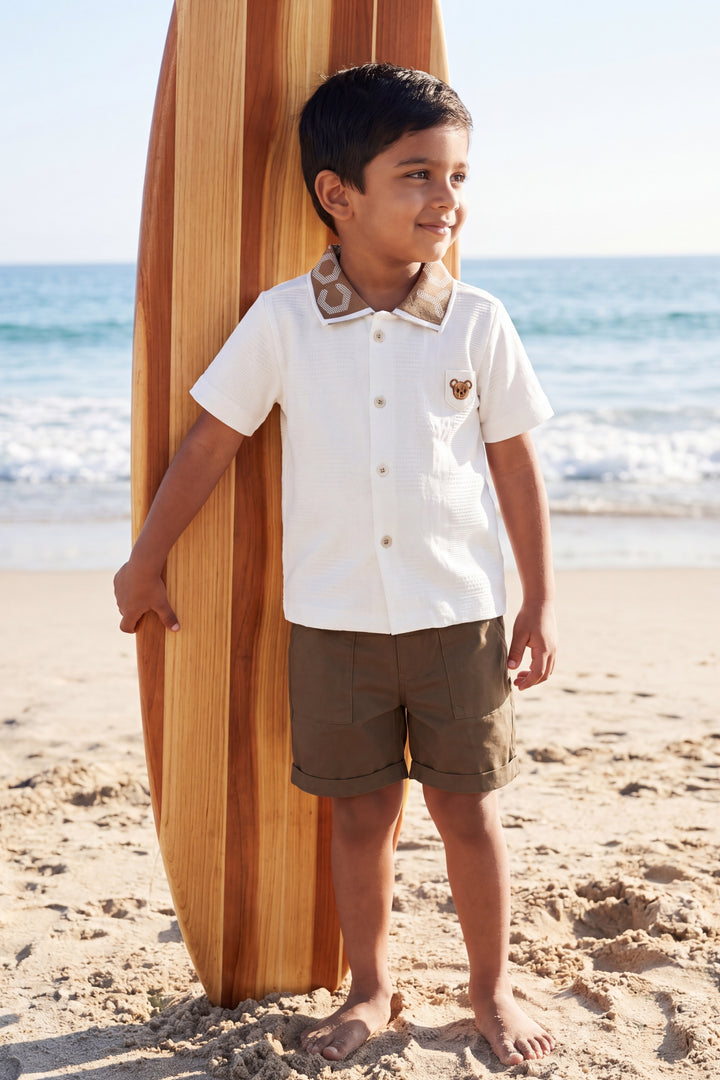 Boys Cotton Shirt and Shorts Set with Designer Detailing in Brown