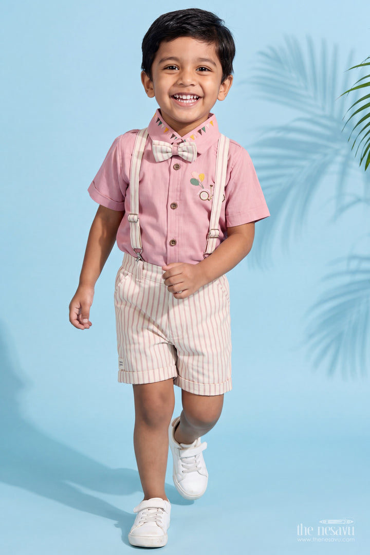 Boys Cotton Shirt and Shorts Set with Striped Detailing in Pink