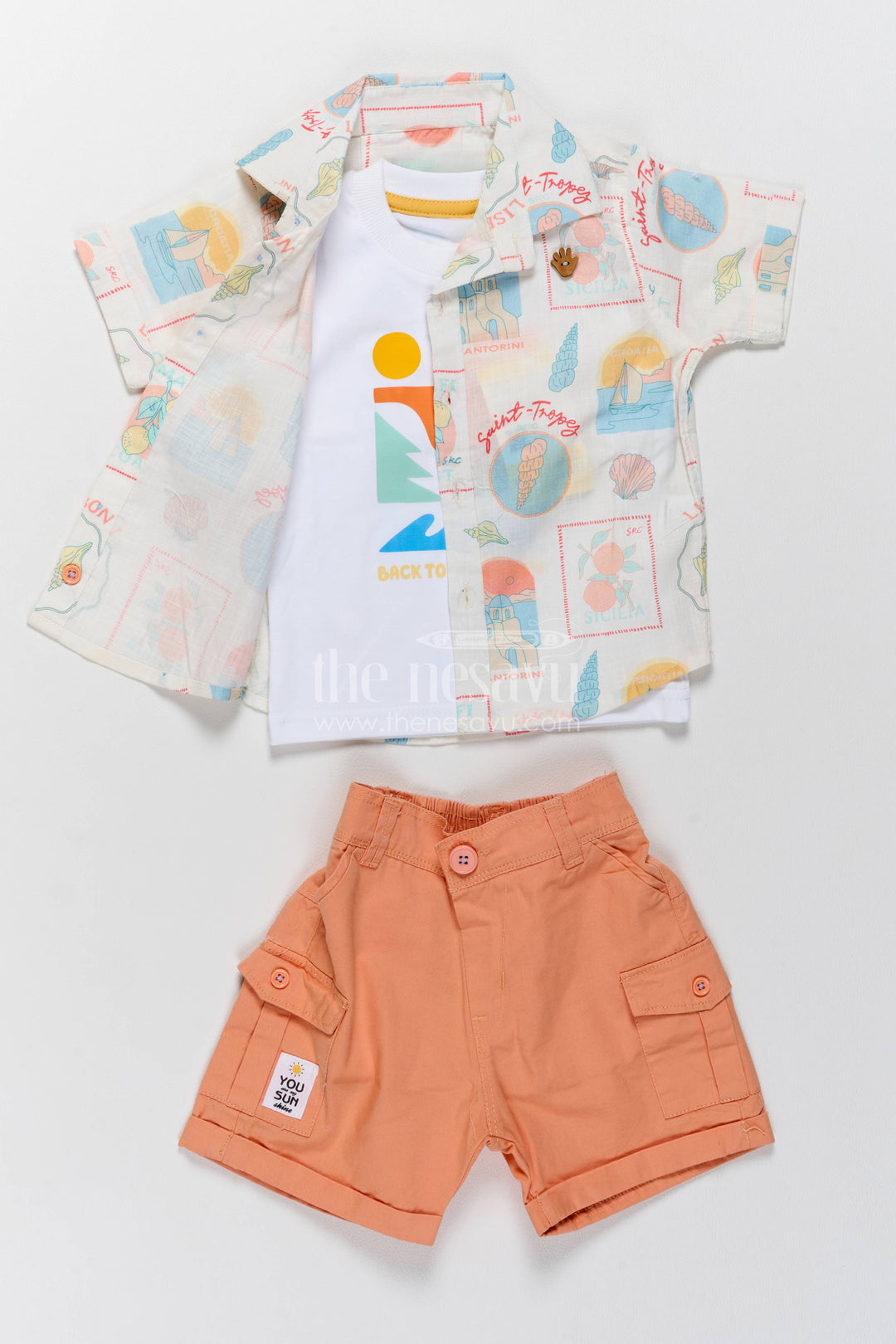 Boys Cotton Shirt and Shorts Set with Designer Detailing in Orange