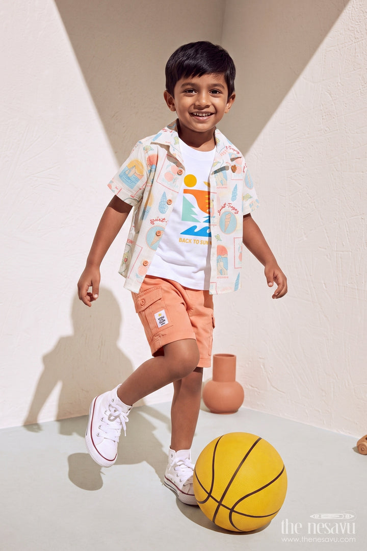 Boys Cotton Shirt and Shorts Set with Designer Detailing in Orange