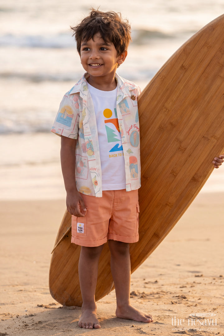 Boys Cotton Shirt and Shorts Set with Designer Detailing in Orange