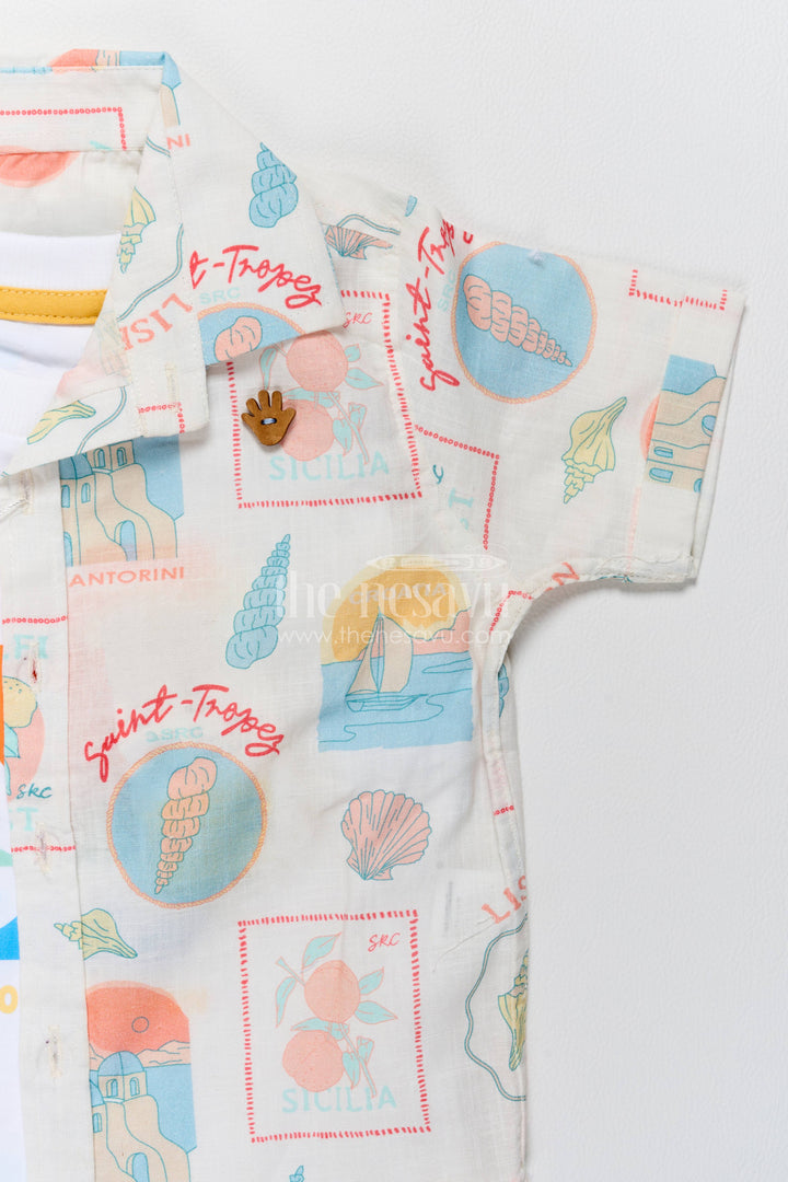 Boys Cotton Shirt and Shorts Set with Designer Detailing in Orange