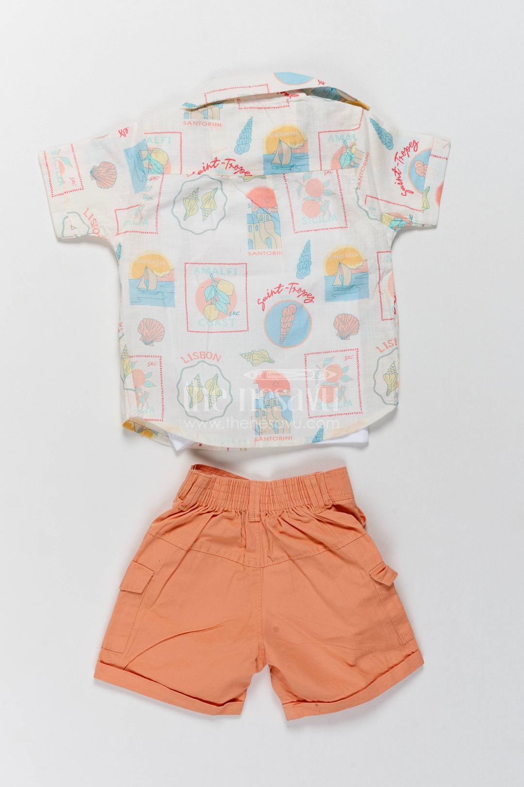 Boys Cotton Shirt and Shorts Set with Designer Detailing in Orange