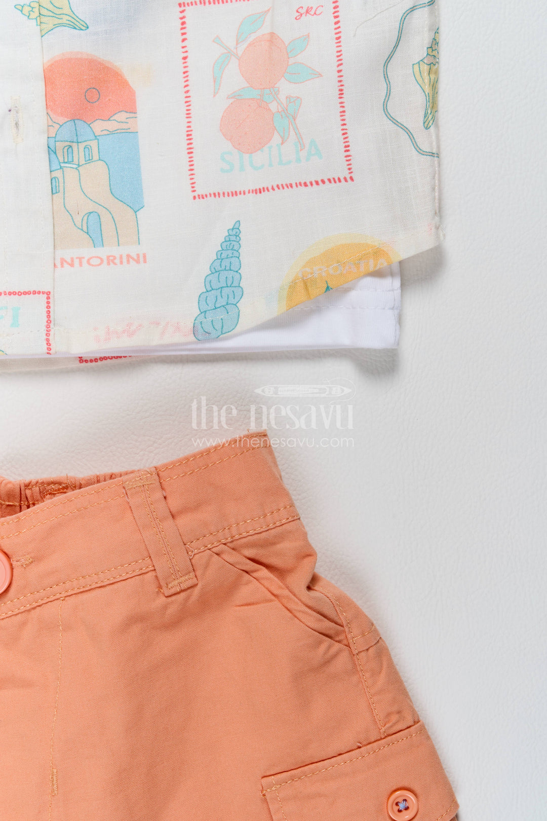 Boys Cotton Shirt and Shorts Set with Designer Detailing in Orange