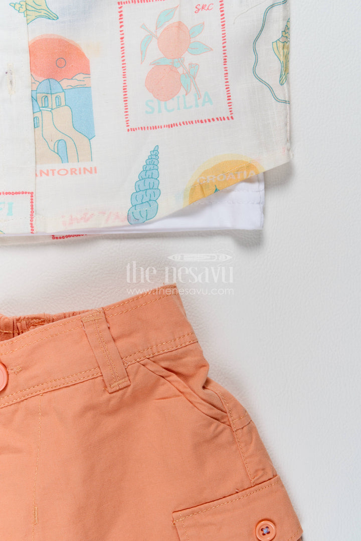 Boys Cotton Shirt and Shorts Set with Designer Detailing in Orange