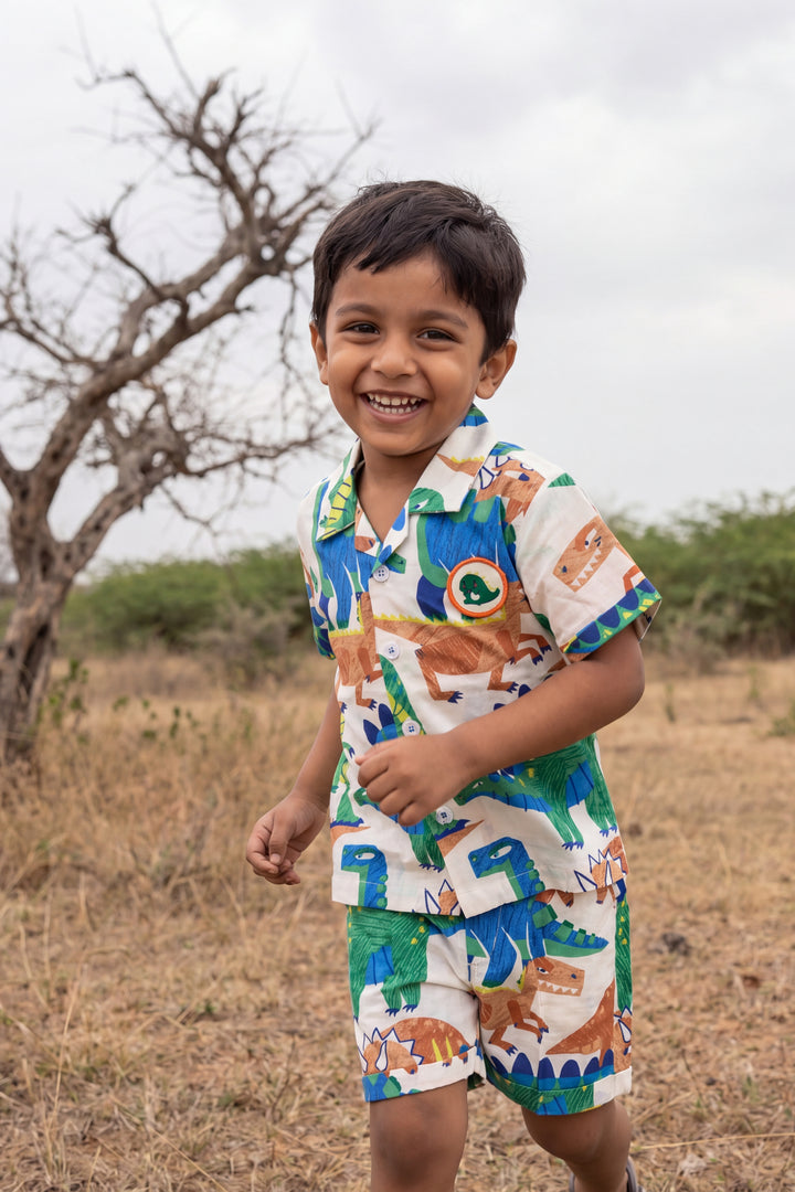 Boys Cotton Shirt and Shorts Set with Dinosaur Print in Multicolor