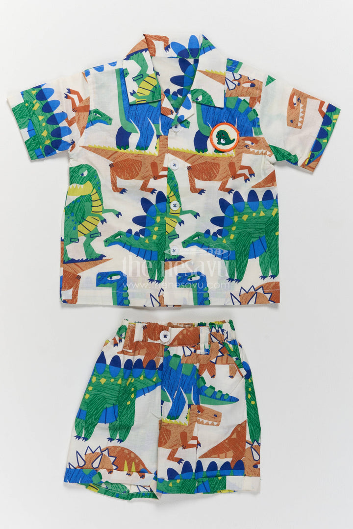 Boys Cotton Shirt and Shorts Set with Dinosaur Print in Multicolor