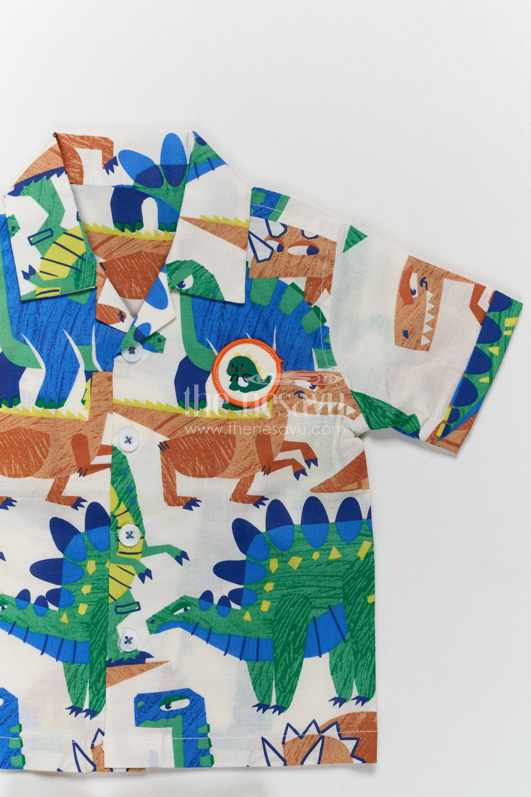 Boys Cotton Shirt and Shorts Set with Dinosaur Print in Multicolor