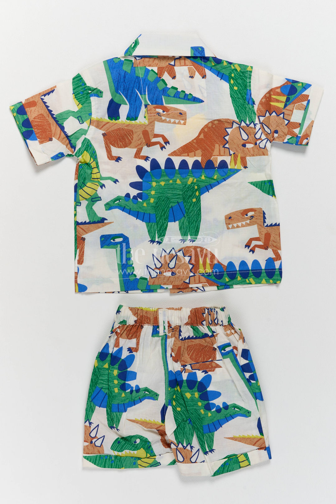 Boys Cotton Shirt and Shorts Set with Dinosaur Print in Multicolor