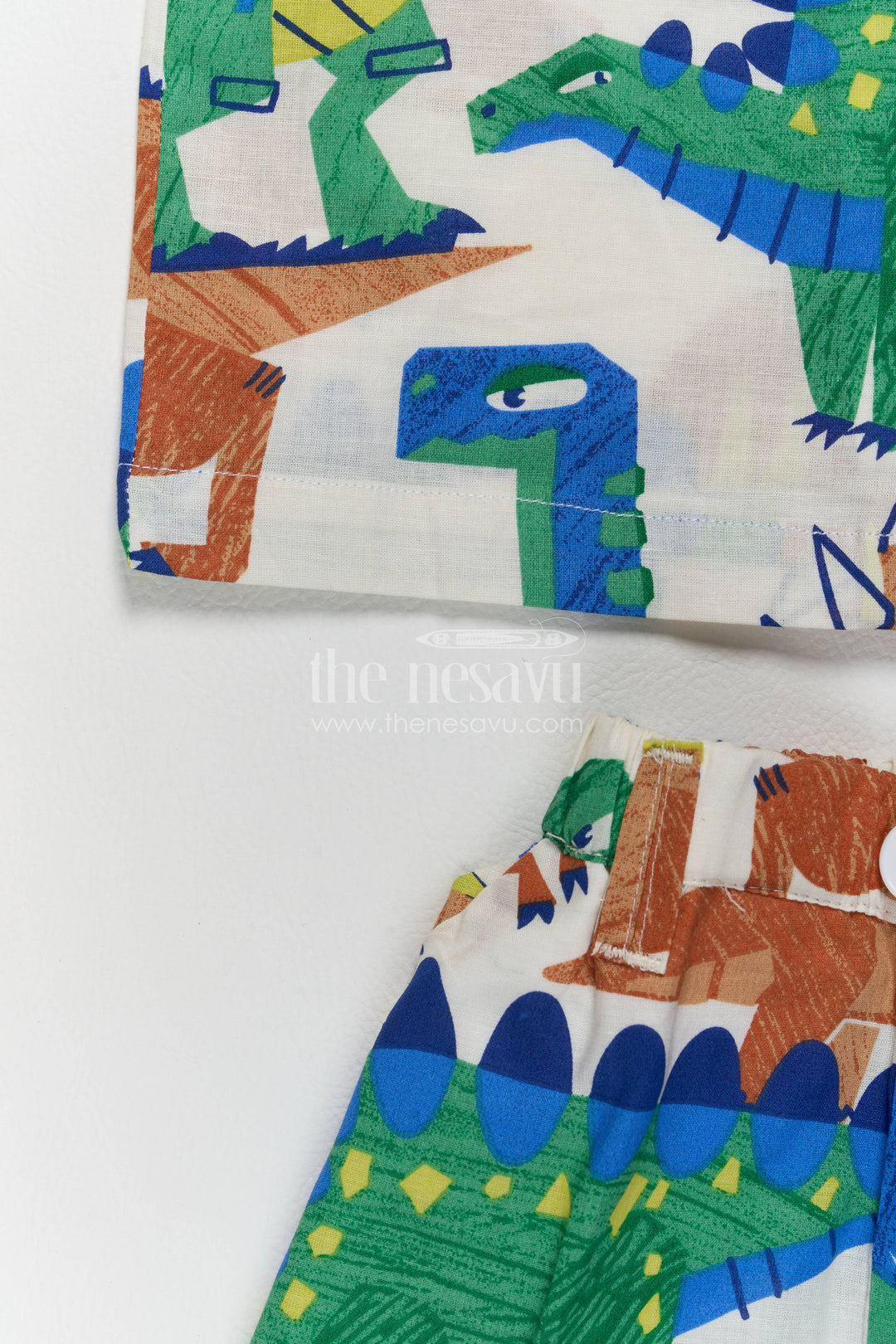 Boys Cotton Shirt and Shorts Set with Dinosaur Print in Multicolor