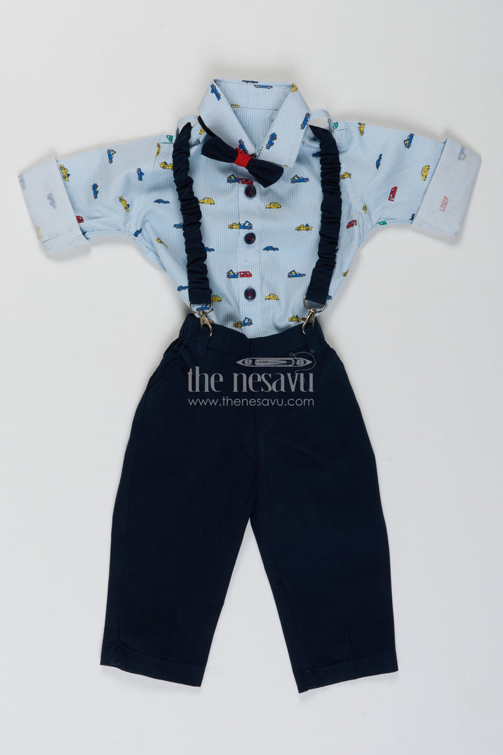 Boys Shirt and Trouser Set in Blue with Vehicle Print for Family Functions