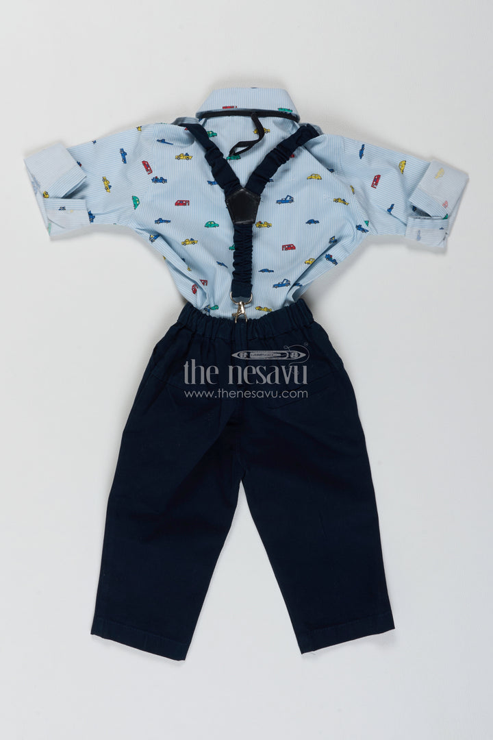 Boys Shirt and Trouser Set in Blue with Vehicle Print for Family Functions