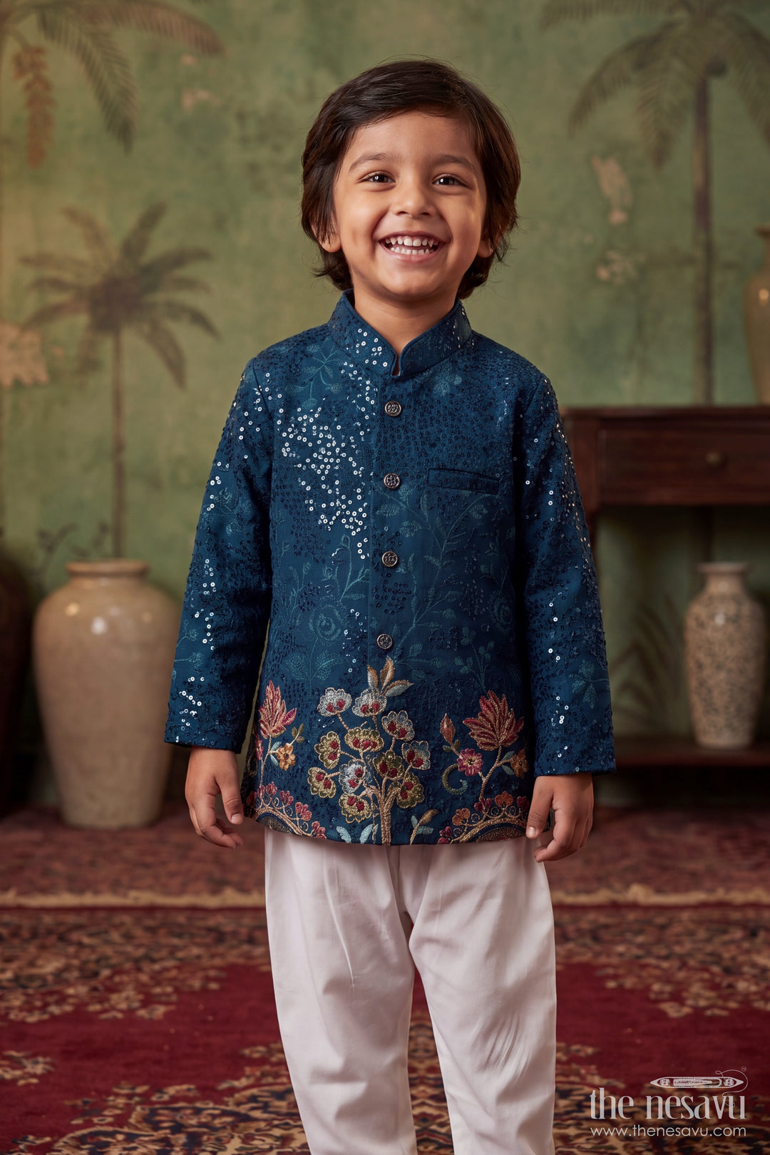 Kids Sherwani with Pant with Floral Detailing in Blue for Special Occasions
