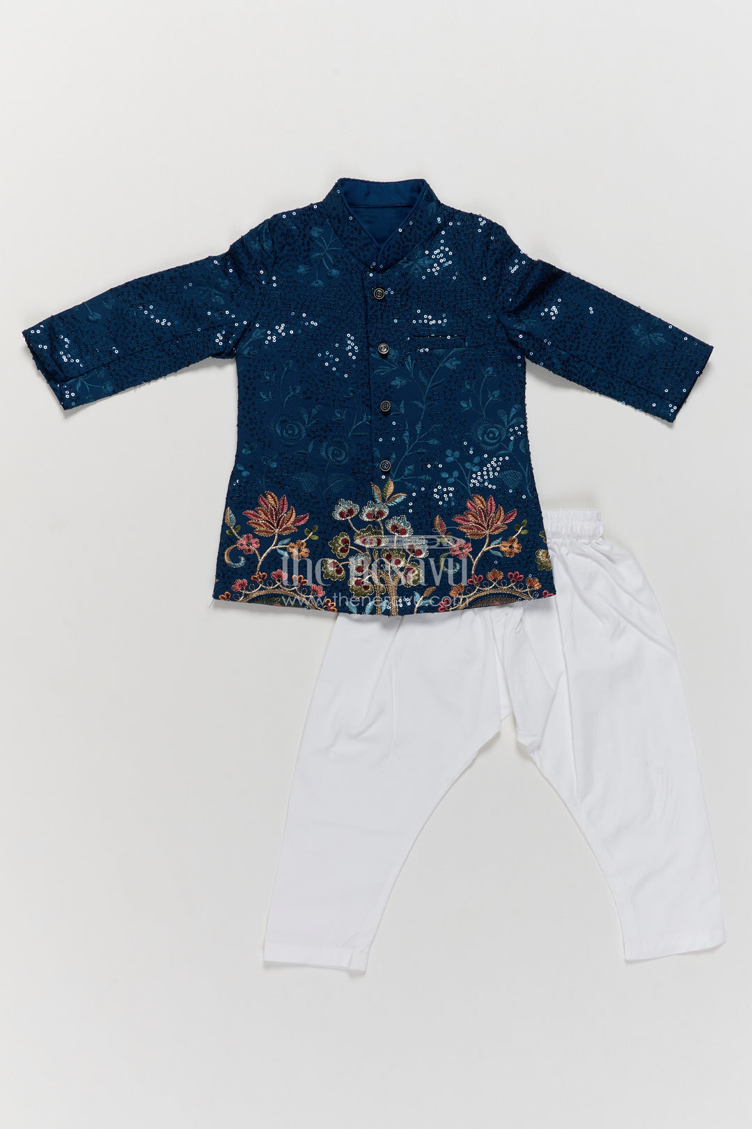 Kids Sherwani with Pant with Floral Detailing in Blue for Special Occasions