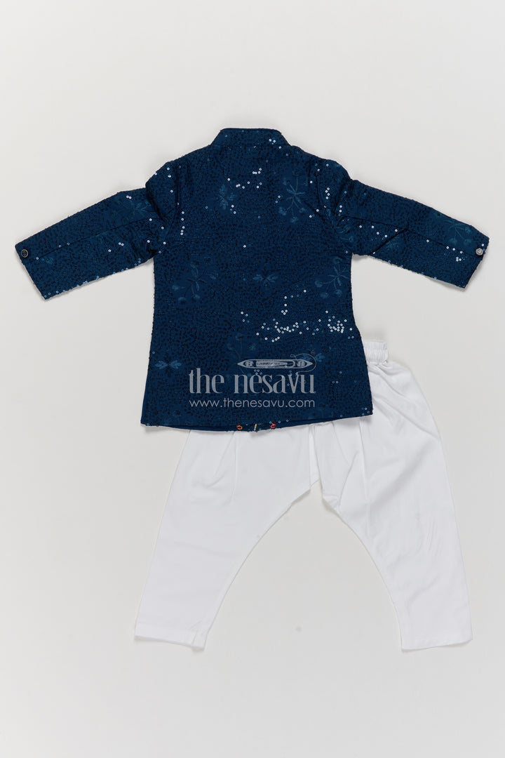 Kids Sherwani with Pant with Floral Detailing in Blue for Special Occasions
