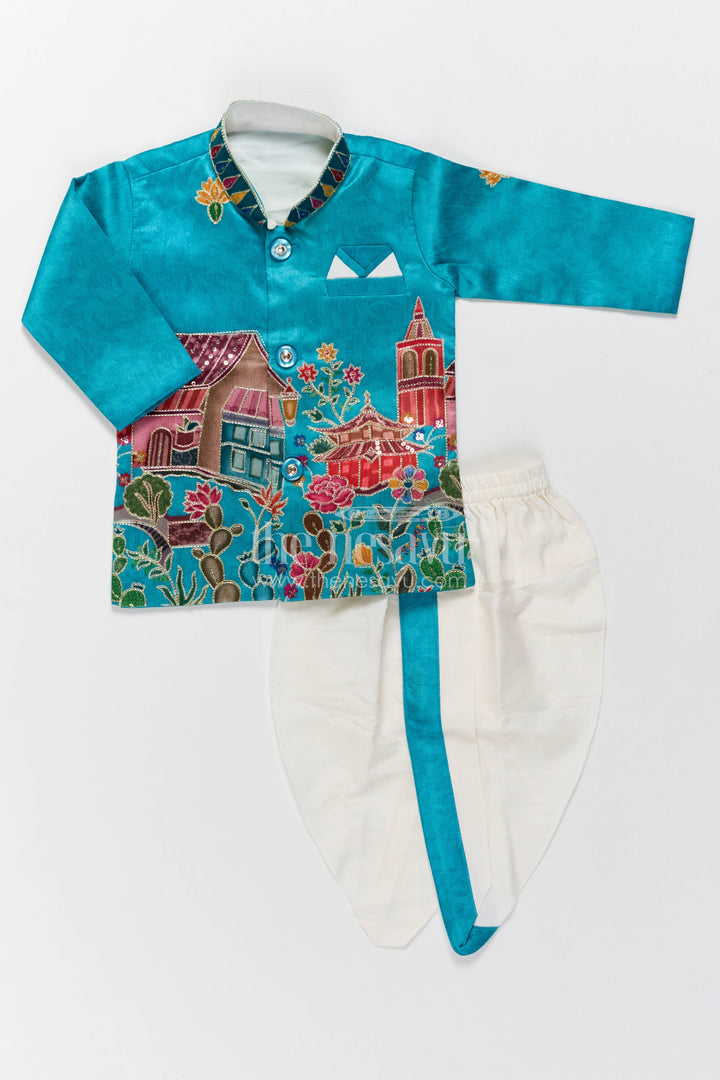Kids Ready Made Dhoti Set for Celebrations with Blue Sequin Accents