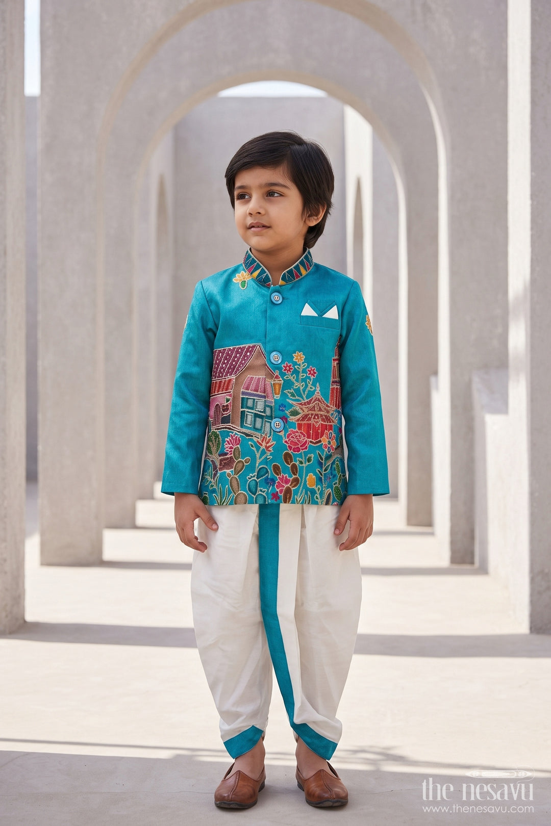 Kids Ready Made Dhoti Set for Celebrations with Blue Sequin Accents