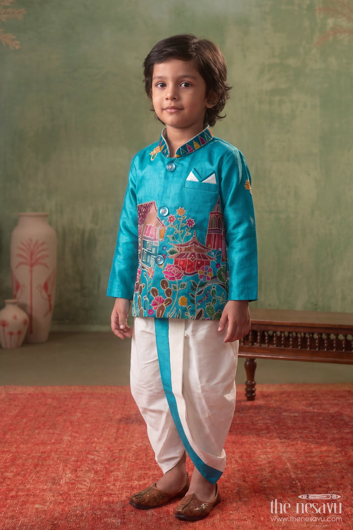 Kids Ready Made Dhoti Set for Celebrations with Blue Sequin Accents