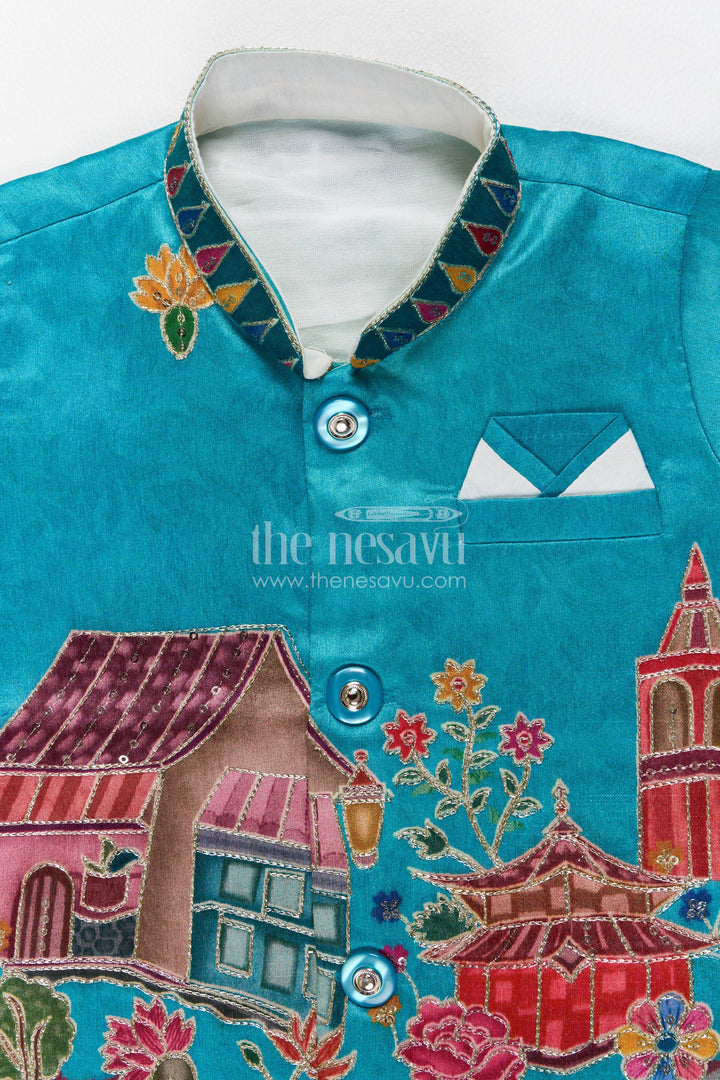 Kids Ready Made Dhoti Set for Celebrations with Blue Sequin Accents