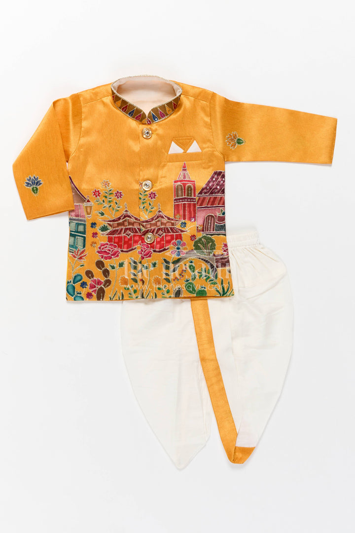 Boys Dhoti Kurta Set for Kids with Sequin Accents in Yellow