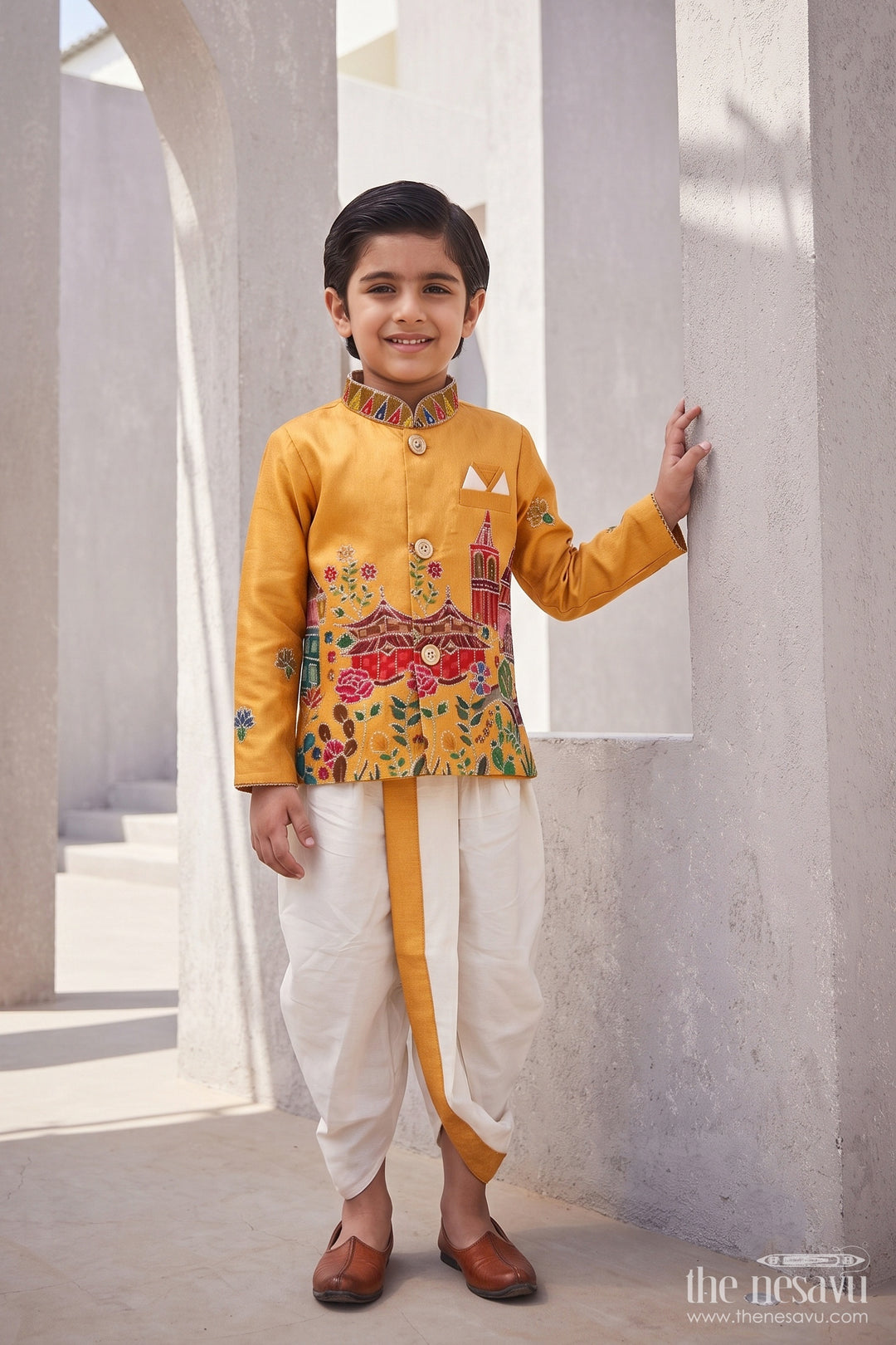Boys Dhoti Kurta Set for Kids with Sequin Accents in Yellow