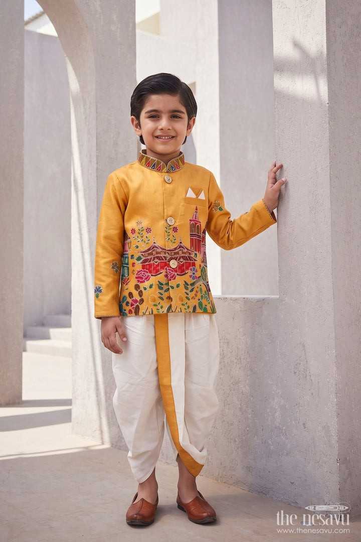 Boys Dhoti Kurta Set for Kids with Sequin Accents in Yellow