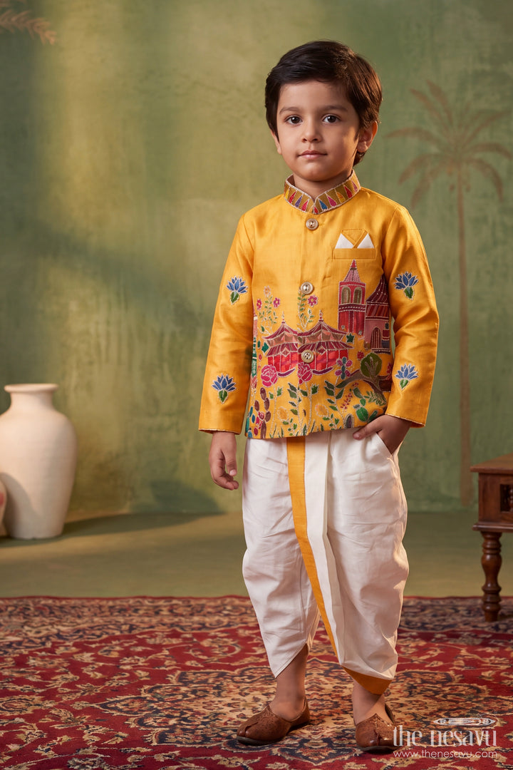 Boys Dhoti Kurta Set for Kids with Sequin Accents in Yellow