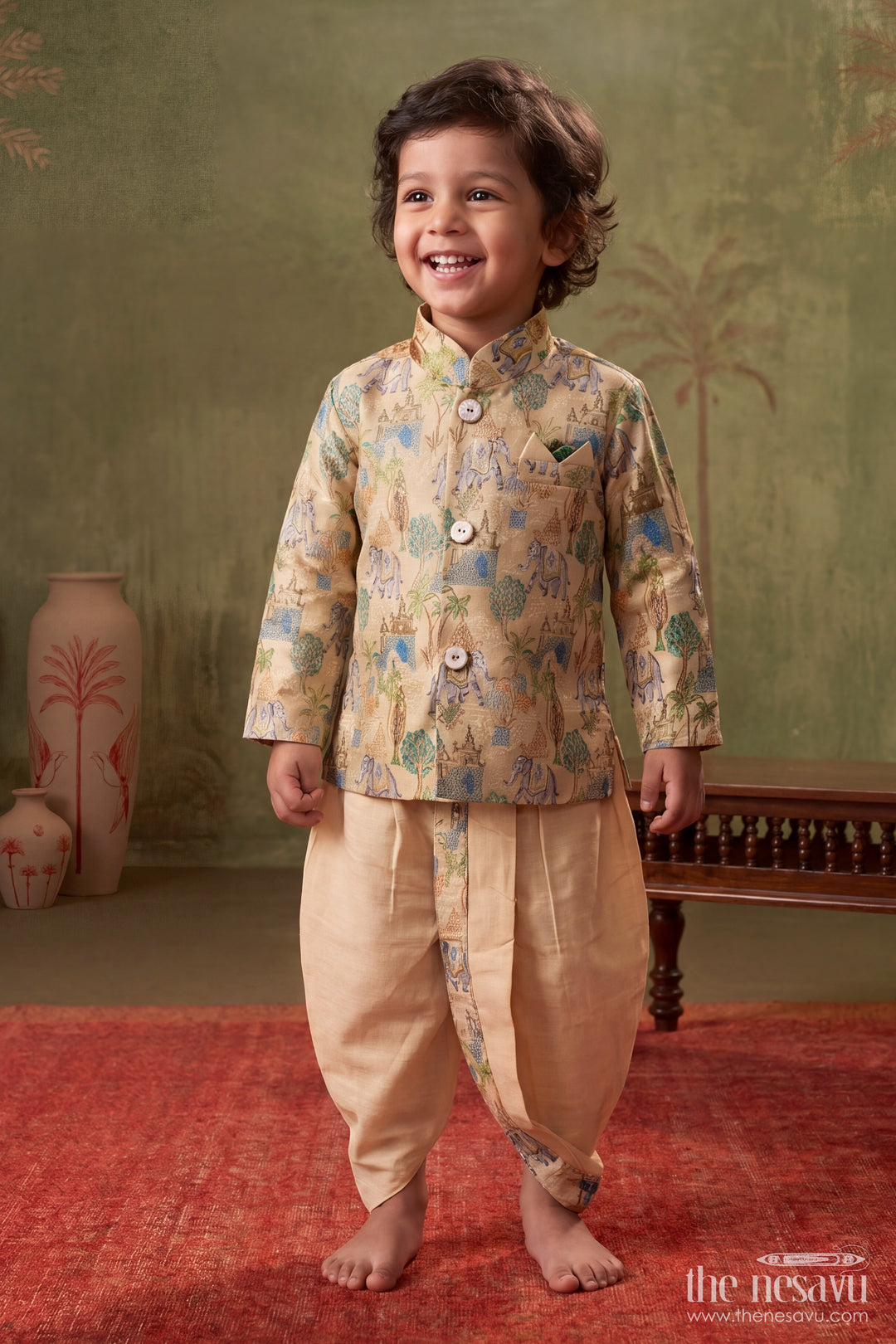 Pattu Pancha Set in Cream with Elephant Detailing for Family Functions