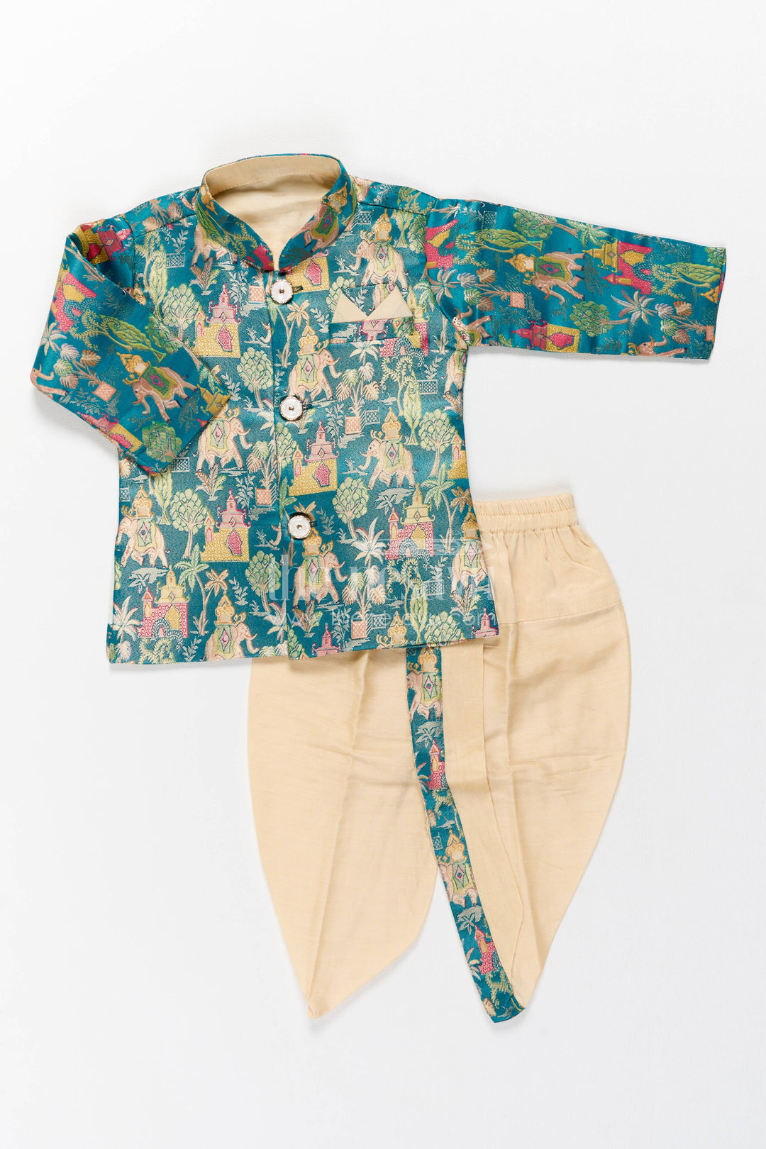 Boys Dhoti Kurta Set with Blue Elephant Detailing for Celebrations