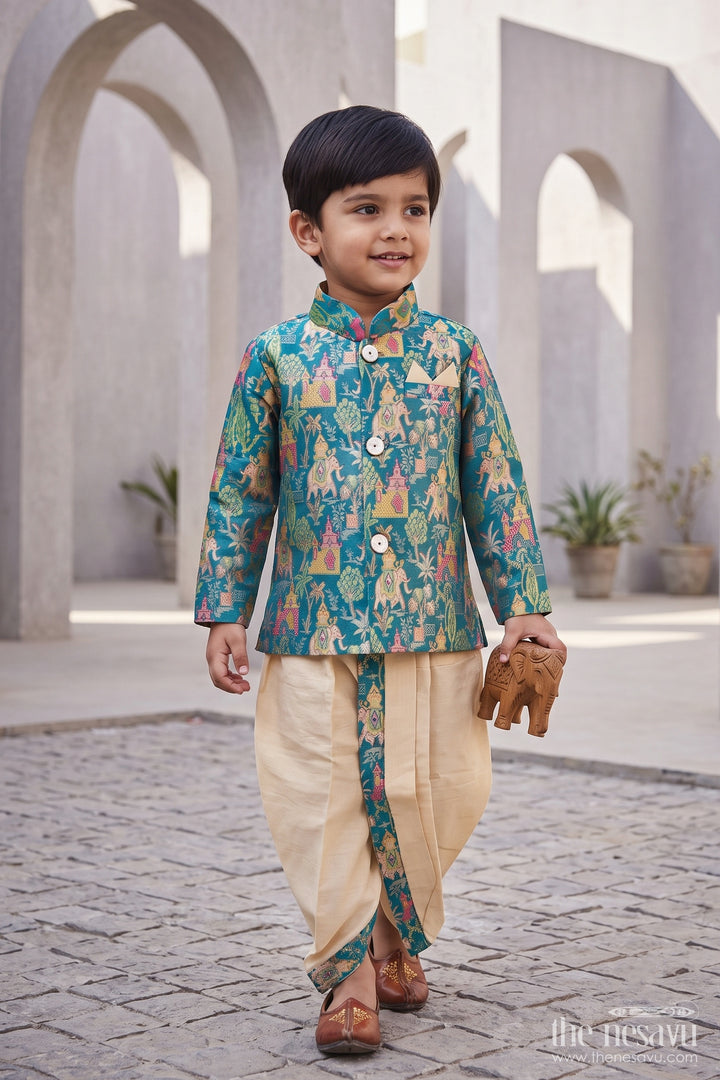 Boys Dhoti Kurta Set with Blue Elephant Detailing for Celebrations