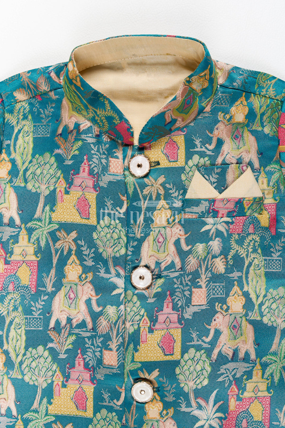 Boys Dhoti Kurta Set with Blue Elephant Detailing for Celebrations