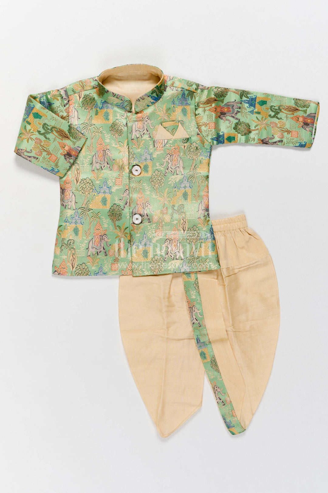 Pattu Pancha Set in Green with Elephant Detailing for Family Functions