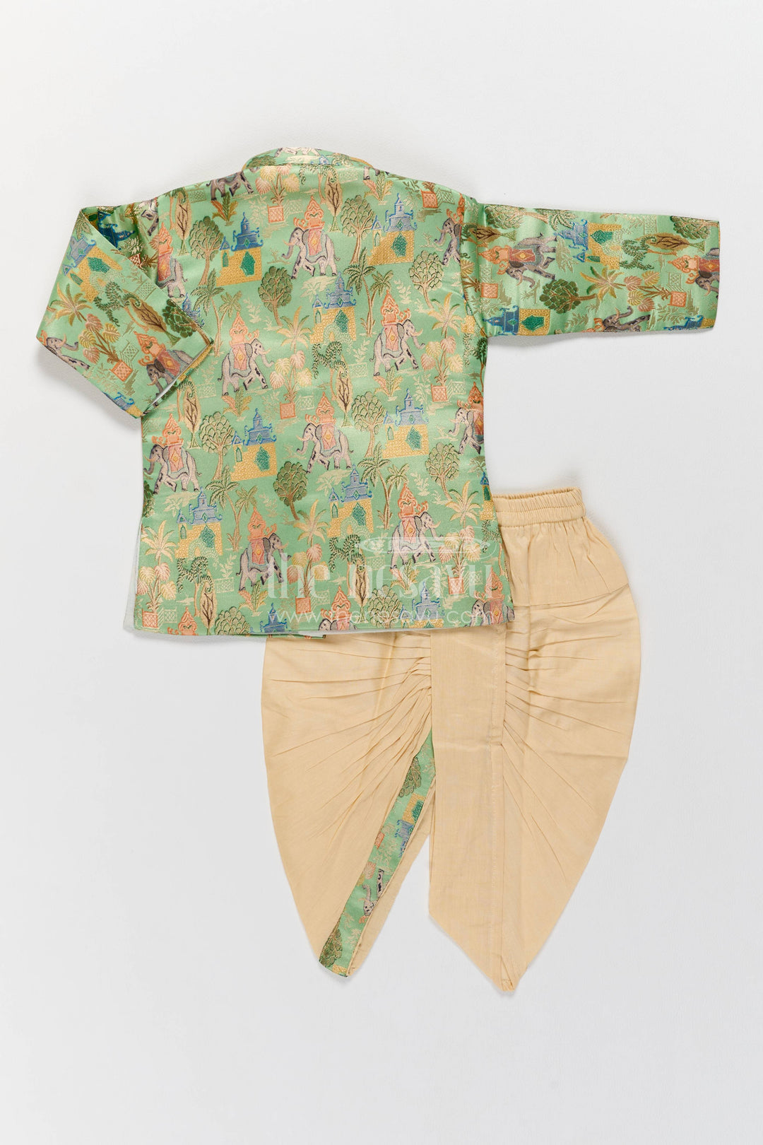 Pattu Pancha Set in Green with Elephant Detailing for Family Functions