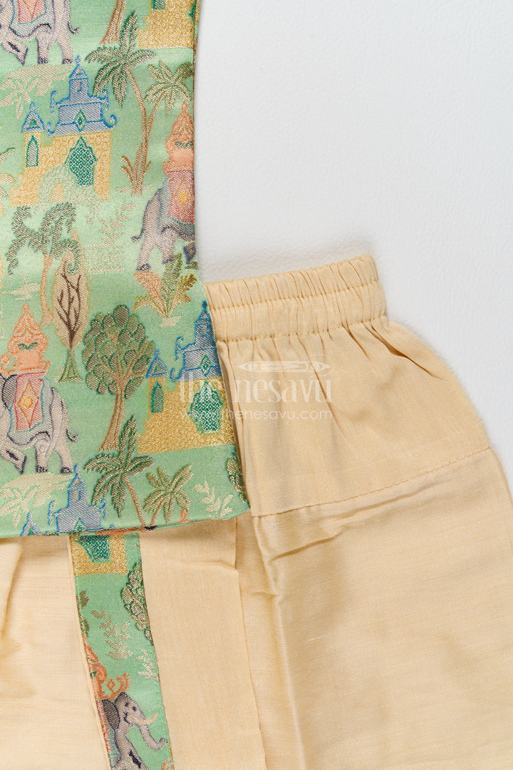 Pattu Pancha Set in Green with Elephant Detailing for Family Functions
