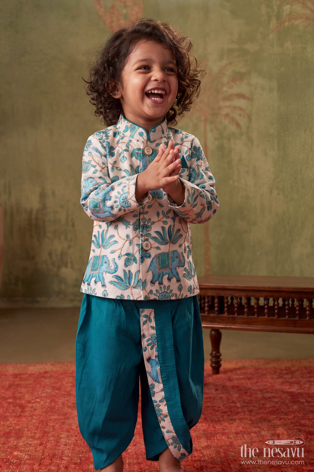 Boys Dhoti Kurta Set for Kids with Elephant Detailing in Blue