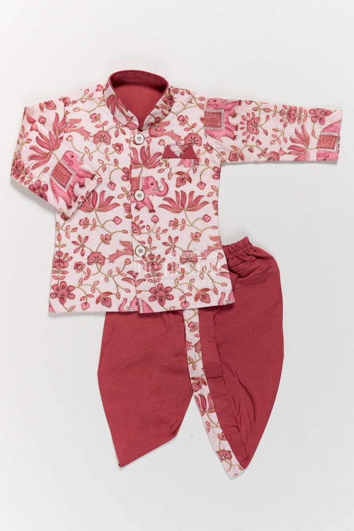 Kids Ready Made Dhoti Set with Elephant Detailing in Pink