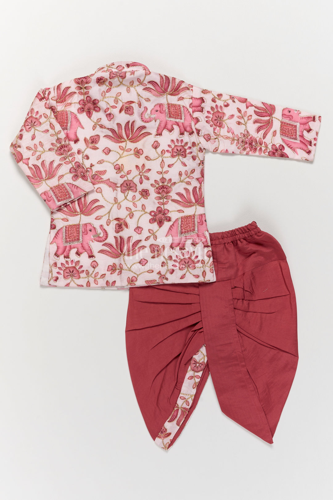 Kids Ready Made Dhoti Set with Elephant Detailing in Pink