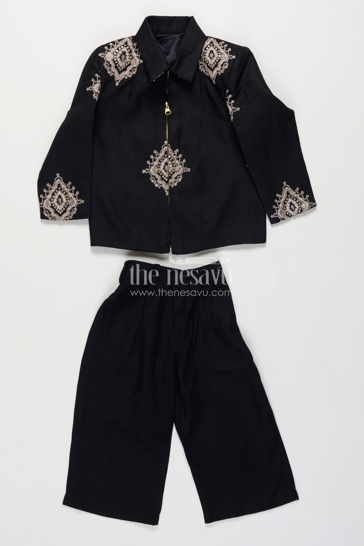 Boys Black Viscose Blend Silk Blazer Set with Ornamental Embroidery