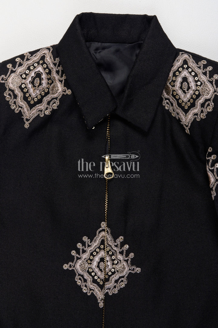 Boys Black Viscose Blend Silk Blazer Set with Ornamental Embroidery