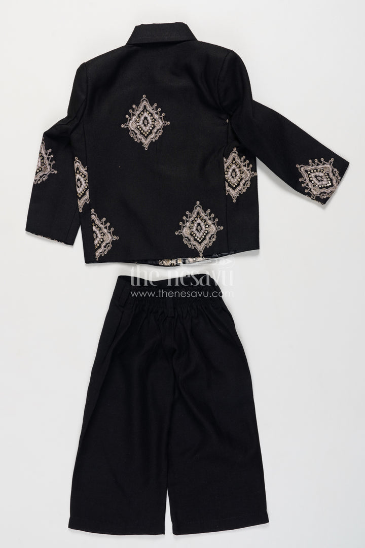 Boys Black Viscose Blend Silk Blazer Set with Ornamental Embroidery