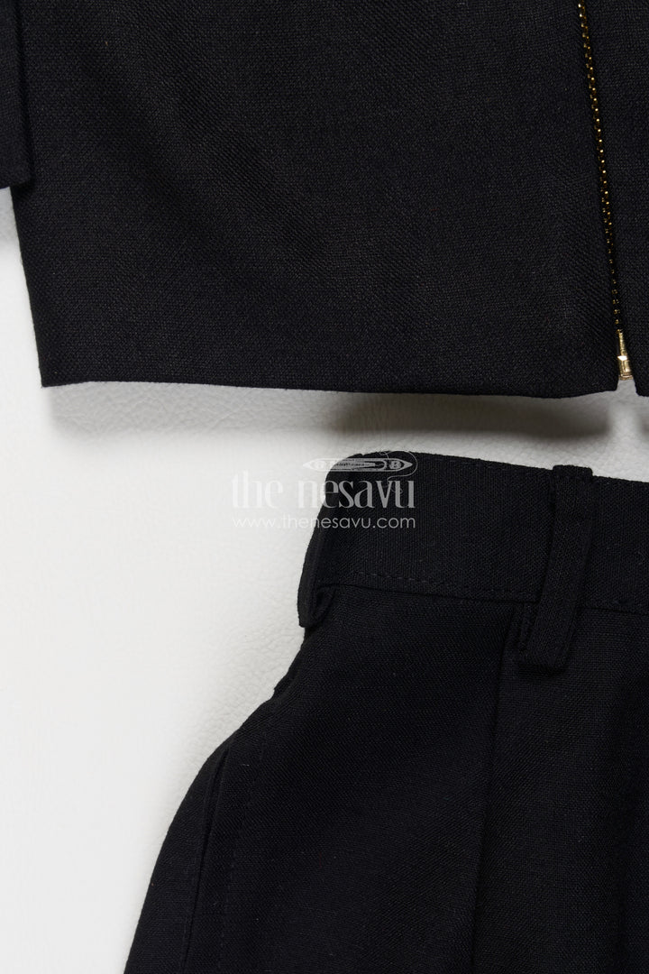Boys Black Viscose Blend Silk Blazer Set with Ornamental Embroidery