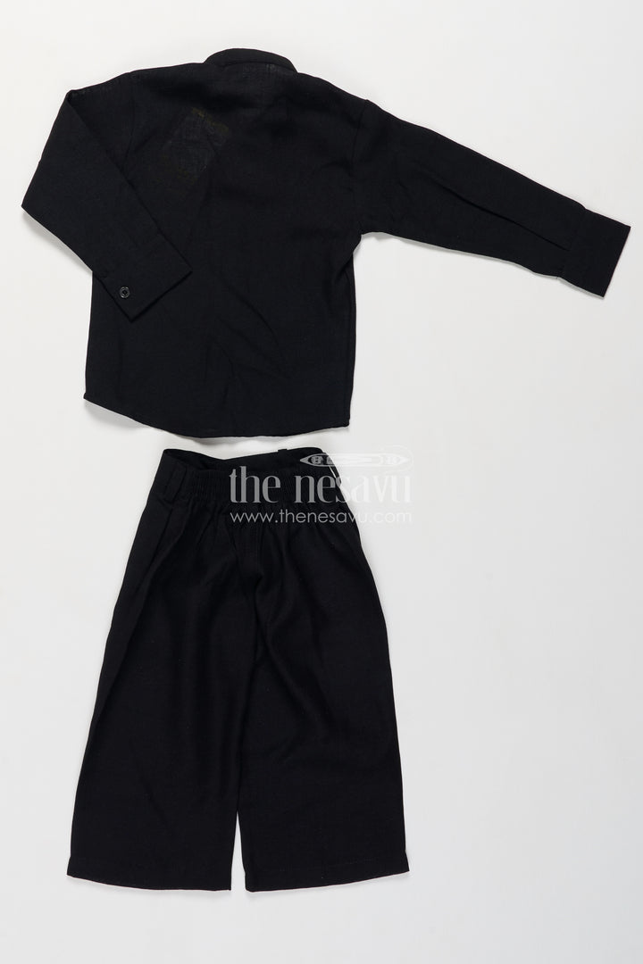 Boys Black Viscose Blend Silk Blazer Set with Ornamental Embroidery