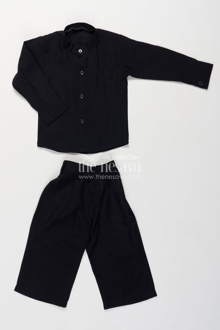 Boys Black Viscose Blend Silk Blazer Set with Ornamental Embroidery