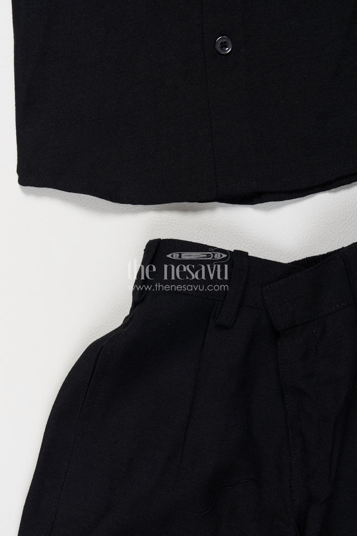 Boys Black Viscose Blend Silk Blazer Set with Ornamental Embroidery