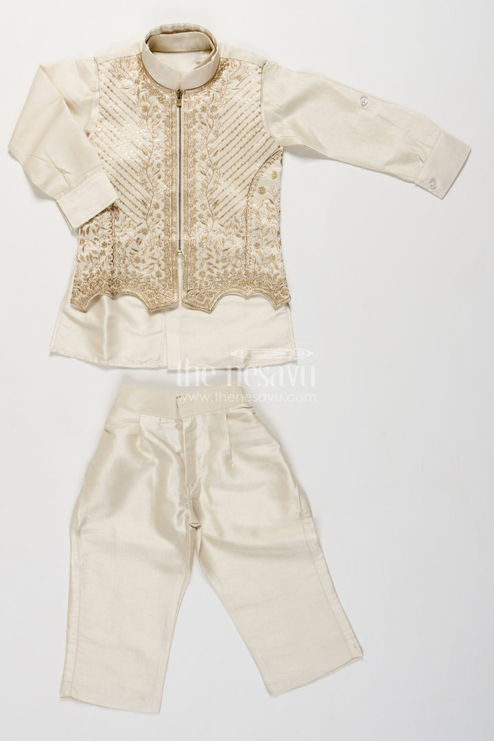 Boys Cream Viscose Blend Silk Blazer Set with Embroidered Front Panel