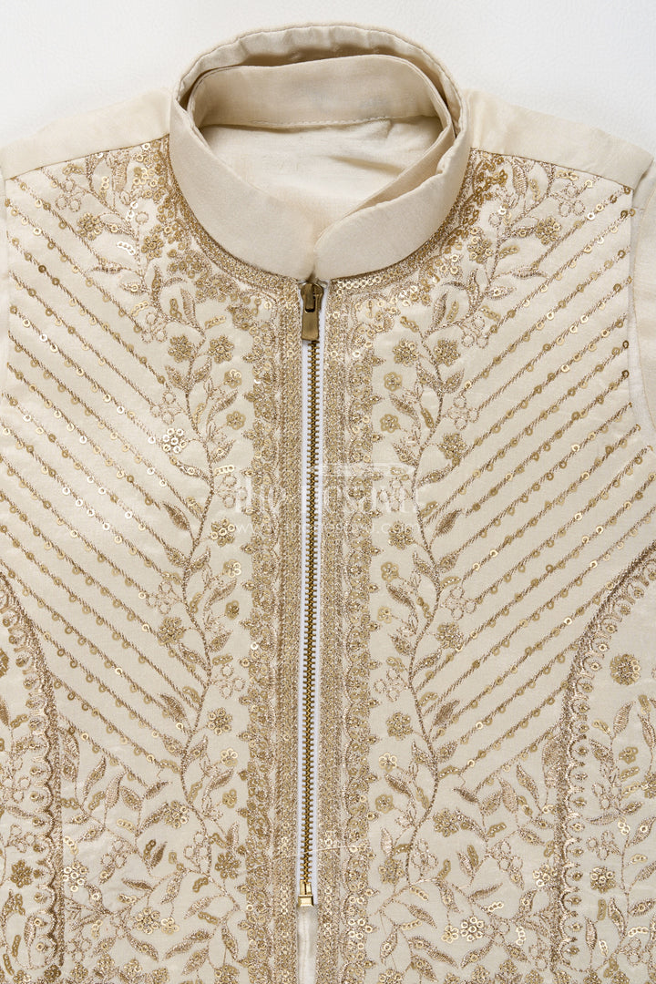 Boys Cream Viscose Blend Silk Blazer Set with Embroidered Front Panel