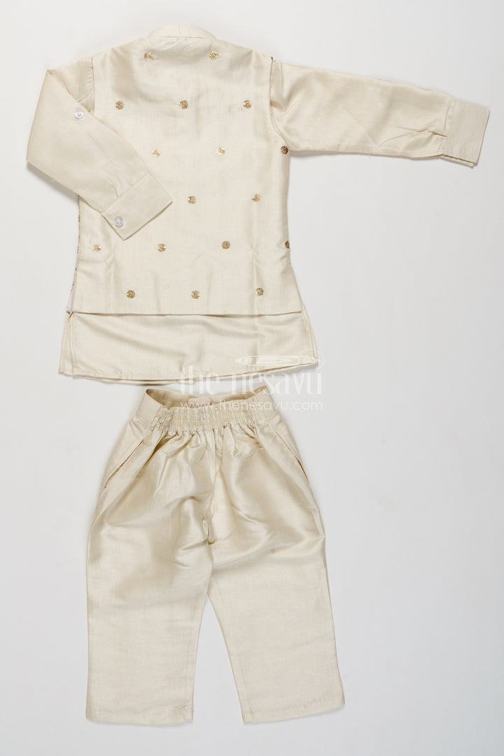 Boys Cream Viscose Blend Silk Blazer Set with Embroidered Front Panel